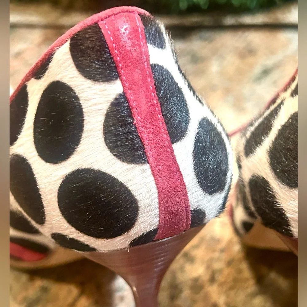 Manolo Blahnik Black and Pink Polka Dot Heels/ Pony Hair Vintage - Picture 11 of 16
